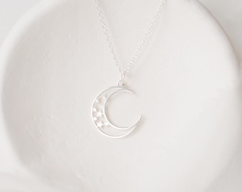 Moon and Star Necklace, Celestial Necklace Sterling Silver, Star and Moon Dainty Necklace, Small Moon Pendant Necklace with Stars