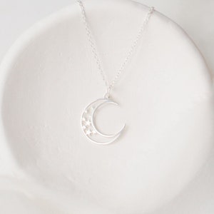 Moon and Star Necklace, Celestial Necklace Sterling Silver, Star and Moon Dainty Necklace, Small Moon Pendant Necklace with Stars