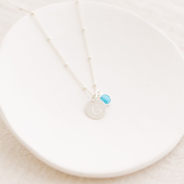 Womens Sterling Silver Initial Disc and Birthstone Necklace, Initial Letter Alphabet Disc 18' inch Chain, Personalised Silver Disc Pendant