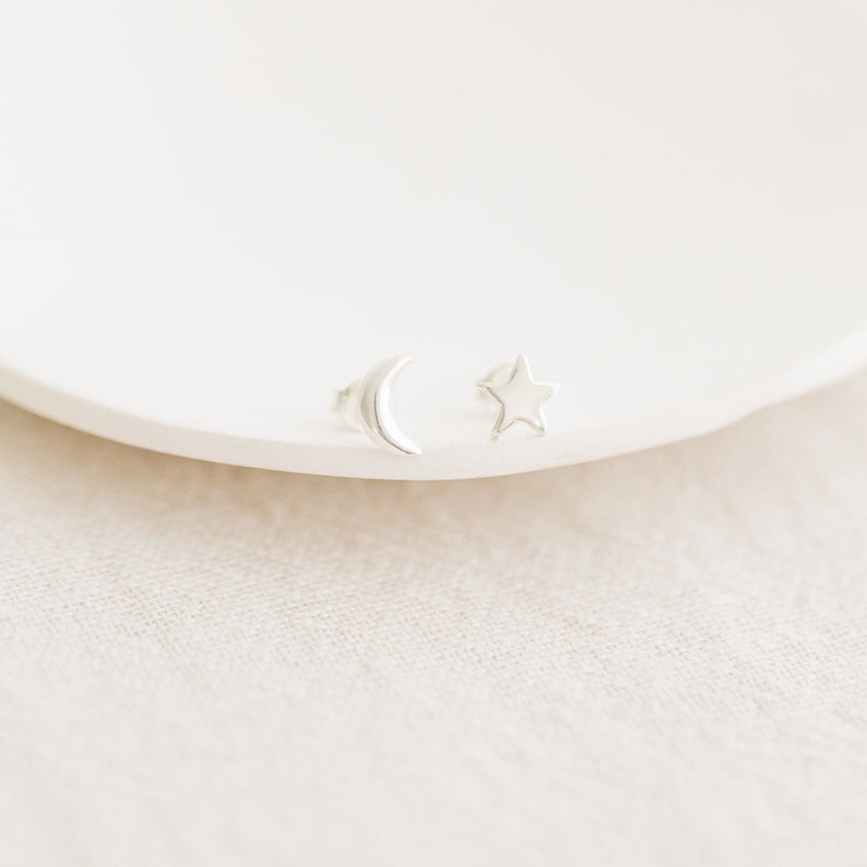 Moon and Star Sterling Silver Stud Earrings, Cute Celestial Studs, Tiny Mismatched Celestial Studs, Dainty Star Moon Studs, Second Hole image 1