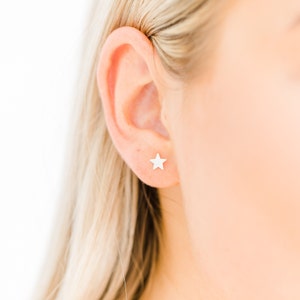 Moon and Star Sterling Silver Stud Earrings, Cute Celestial Studs, Tiny Mismatched Celestial Studs, Dainty Star Moon Studs, Second Hole image 3