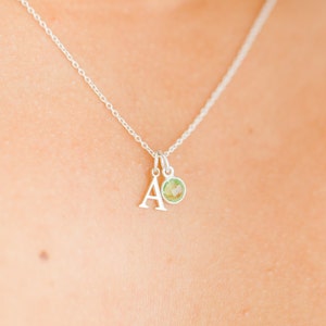 Sterling Silver Initial Charm Necklace With Birthstone, Initial And Birthstone Necklace Silver, Alphabet Letter Silver Necklace 18' Inch image 2