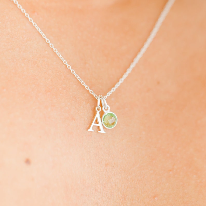 Sterling Silver Initial Charm Necklace With Birthstone, Initial And Birthstone Necklace Silver, Alphabet Letter Silver Necklace 18' Inch image 2