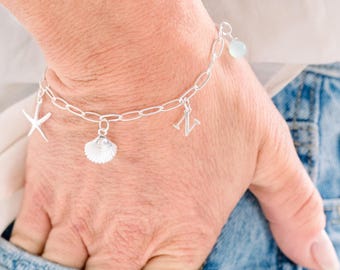 Bracciale con ciondoli personalizzato, braccialetto da spiaggia per donne, gioielli in argento marino, braccialetto con ciondoli estivi, gioielli a tema spiaggia, regalo per lei