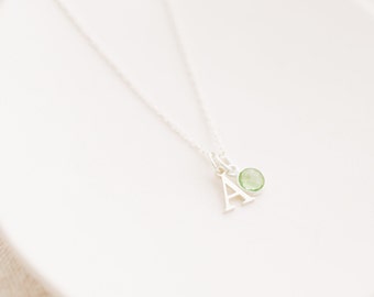 Sterling Silver Initial Charm Necklace With Birthstone, Initial And Birthstone Necklace Silver, Alphabet Letter Silver Necklace 18' Inch