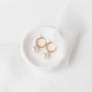 Gold Huggie Hoop Earrings with Pearl, Gold Filled Freshwater Pearl Huggies, Real Pearl Dainty Huggie Hoops, Pearl Gold Hoop Earrings image 2