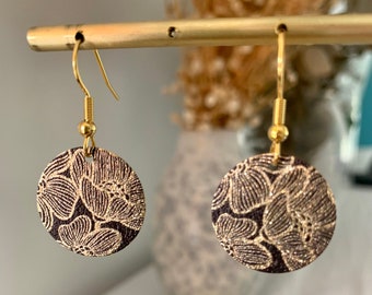 Boucles d'oreilles acier inoxydable crochets pendantes couleur or pendentif rond motif floral noir et or