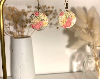 Boucles d'oreilles acier inoxydable crochets pendantes couleur or pendentif rond motif fleur rouge