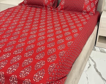 Handblock Print Cotton Bedsheet Set with Pillow Covers | Red Floral Indian Bedding | Boho Cotton Bed Sheet| 3layer muslin cotton sheet/throw