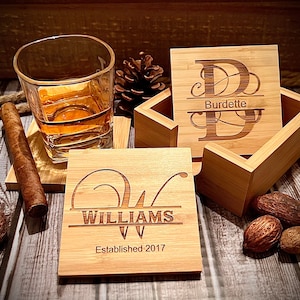 PERSONALIZED BAMBOO COASTER Set, Laser Engraved Text, Logo, Name, Letter Wooden Eco-Friendly Coasters Set Of 4, Kitchen Accessories