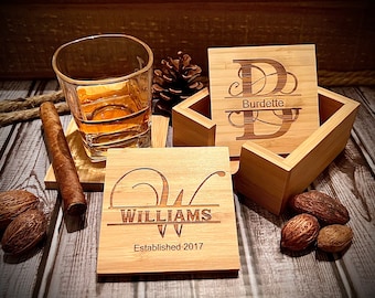 PERSONALIZED BAMBOO COASTER Set, Laser Engraved Text, Logo, Name, Letter Wooden Eco-Friendly Coasters Set Of 4, Kitchen Accessories