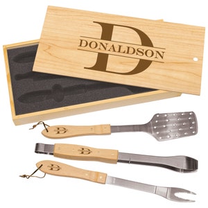 Engraved Grill Gift Set, Bamboo Set, Grillling Tools Included, Father&#39;s Day Gift, Gifts for Him, Engraved BBQ Set, Holiday Gift, Dad Gift