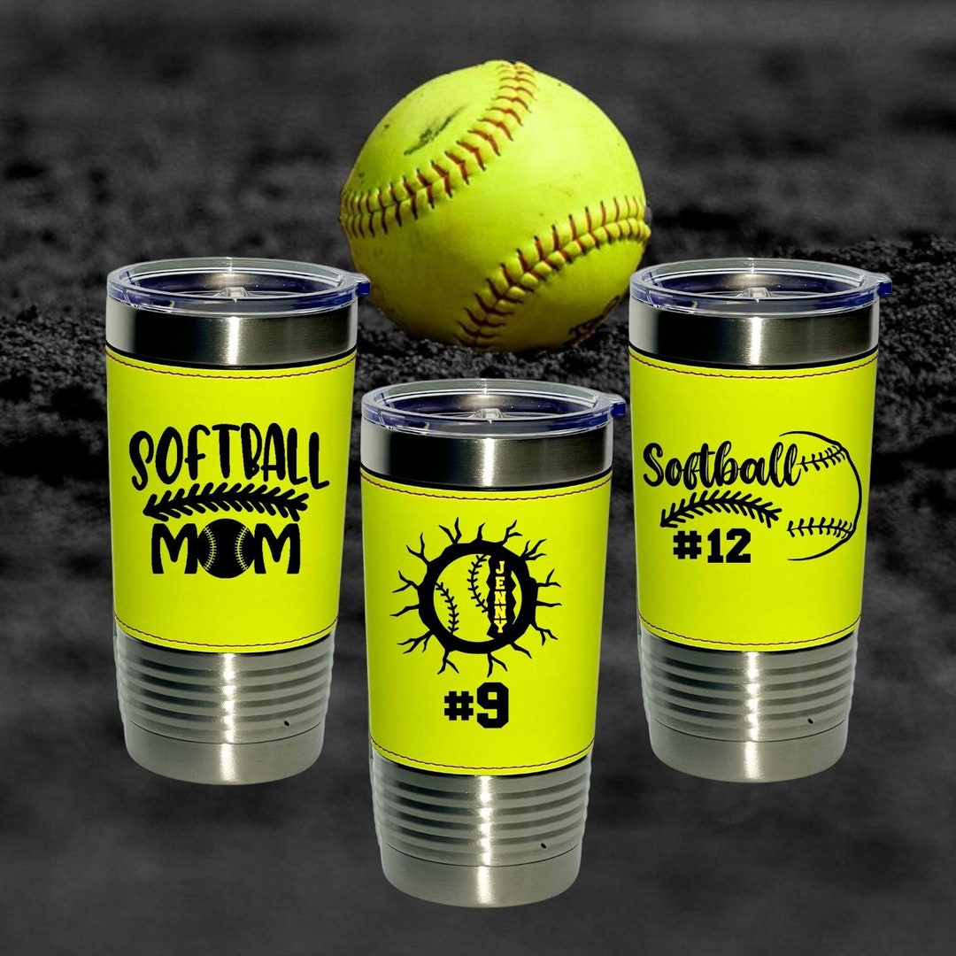 20 Oz Softball Leather Tumbler, Personalized Tumblers, Custom Engraved