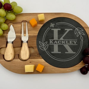 Personalized Acacia Wood/Slate Oval Cheese Board Set. Charcuterie Board, Cheese Board, House Warming Gift, Kitchen Decor, Cutting Board,
