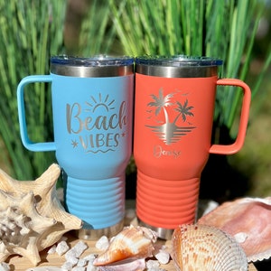 Personalized Beach Vacation 20 oz Stainless Steel Travel Mug with Slider Lid, Insulated Travel Mug, Travel Tumbler, Personalized Tumbler,