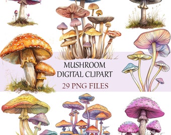 Set di clipart di funghi - Illustrazioni di funghi mistici (file PNG)