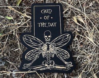 Tarot Card of The Day Wooden Stand With Winged Skeleton Design