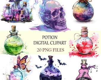 Ensemble de cliparts de bouteilles de potion magique – images PNG fantastiques (téléchargement numérique)