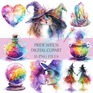 Conjunto de imágenes prediseñadas de Pride Witch - Ilustraciones de brujería LGBTQ+, 16 archivos PNG para proyectos mágicos inclusivos