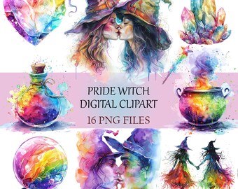Pride Witch Clipart Set - LGBTQ+ Witchcraft Illustrations, 16 PNG Files for Inclusive Magical Projects