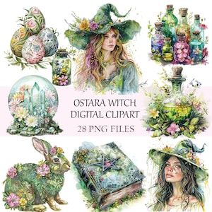Ostara-häxan och vårmagin PNG-samling, 28 clipart för hantverk, digital scrapbooking, gör-det-själv-projekt