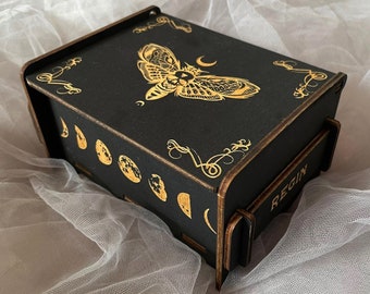 Wiccan Moth Wooden Box - Witchcraft Keepsake Chest, Handcrafted Pagan Altar Storage, Mystical Occult Decor, Magick Ritual Tools Container