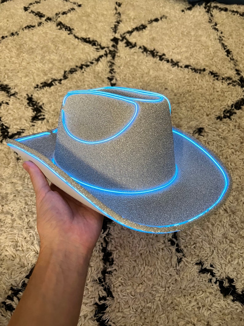 sliver orange cowboy hat with blue lights