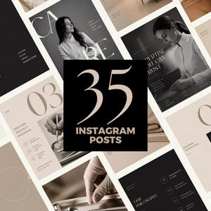 Può includere: Una collezione di 35 modelli di post Instagram per uno studio dentistico, caratterizzati da una palette di colori neutri beige, nero e bianco. I design includono tipografia, fotografie di strumenti dentali e immagini professionali.