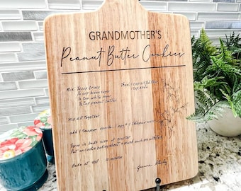 Recipe cutting board with (Mom, Grandma, Dad, Grandpa, etc.) handwritten engraved recipe finished with plant based vegan oil and wax.