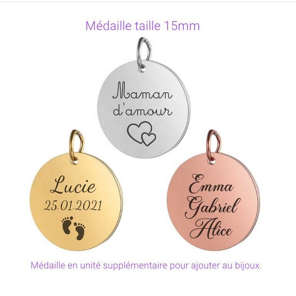 Médaillon 15mm avec gravure personnaliser, médaille personnalisée, médaillon avec attache à rajouter à un bijoux existant