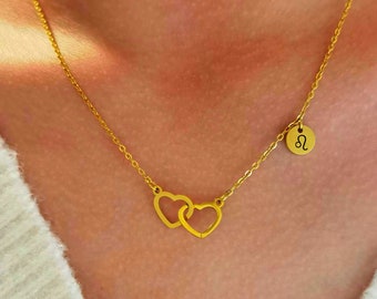 Collier Double Cœur entrelacé Personnalisé, Collier Charme Cœur Amour, Collier prénom, Bijou Maman, Cadeau Noël, Cadeau Saint Valentin