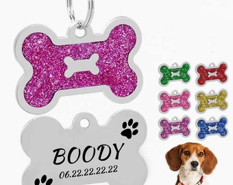 Médaille de chien personnalisée en forme d'os paillettes, collier d'identification pour animaux de compagnie, médaille os avec nom