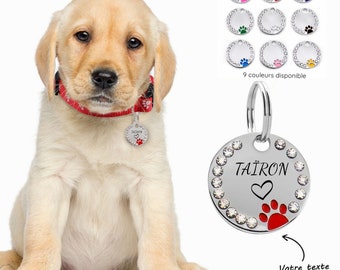 Médaille avec strass et empreinte personnalisée gravée pour chien, plaque d'identification pour animaux de compagnie, Cadeau animaux