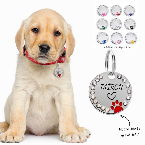 Médaille avec strass et empreinte personnalisée gravée pour chien, plaque d'identification pour animaux de compagnie, Cadeau animaux