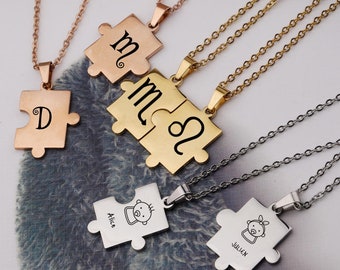 Collier personnalisé en forme puzzle gravé • noms personnalisés, Message d’amour initiales • Collier famille • Cadeau Couples et Famille