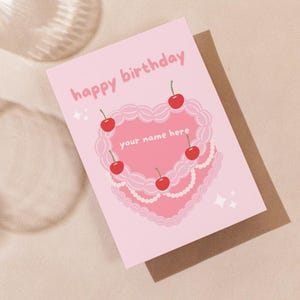 Vintage Cake Card |  Personalised Birthday Card | Happy Birthday Card | Greeting Card | Custom Blank Card | Coquette Cherry Retro Card