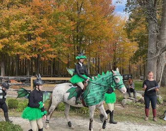 May include: A group of people dressed in dragon costumes, riding horses. The horses are decorated with green dragon scales and wings. The riders wear black tops, green tutus, and dragon helmets. The background features autumn foliage.