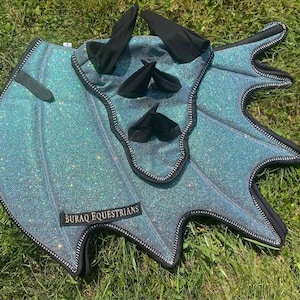 Sparkly Saddle Pad; Handmade Dragon Wing Glittery English Saddle Pads for Horse with Matching Ear Bonnet with Horns, Brushing boots & Tail image 3