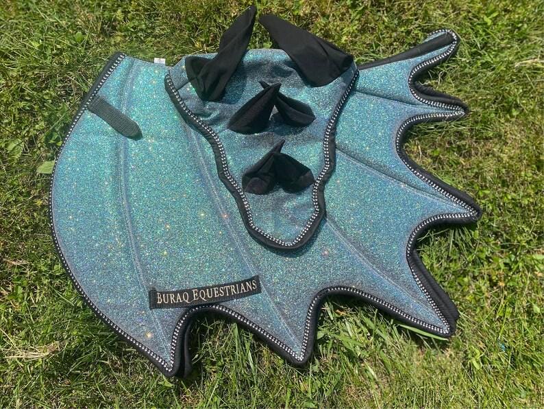Sparkly Saddle Pad; Handmade Dragon Wing Glittery English Saddle Pads for Horse with Matching Ear Bonnet with Horns, Brushing boots & Tail image 3