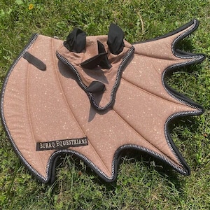 Sparkly Saddle Pad; Handmade Dragon Wing Glittery English Saddle Pads for Horse with Matching Ear Bonnet with Horns, Brushing boots & Tail image 6