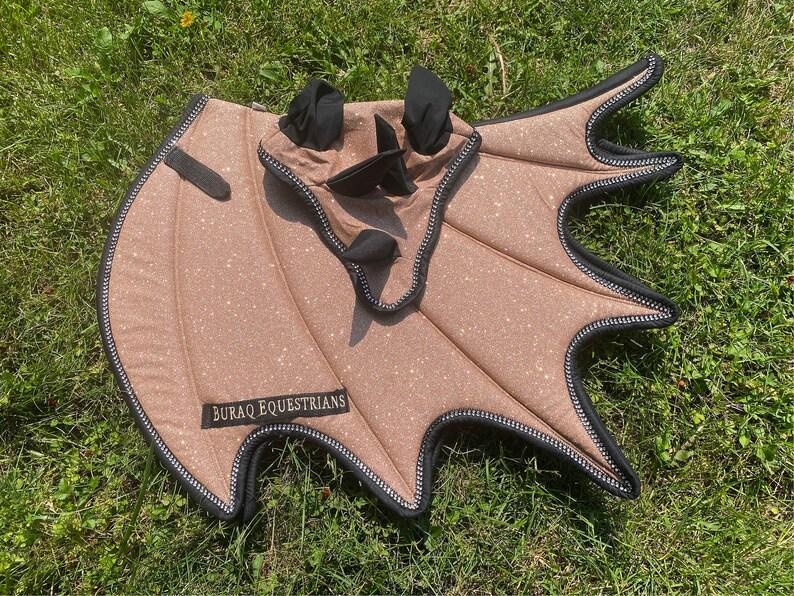 Sparkly Saddle Pad; Handmade Dragon Wing Glittery English Saddle Pads for Horse with Matching Ear Bonnet with Horns, Brushing boots & Tail image 6