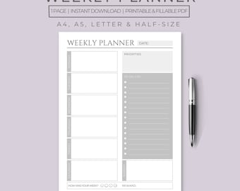 Digital & Printable Weekly Planner | Week On One Page | To-Do List | WO1P Planner | Weekly Organizer | Weekly Goals Printable Worksheet