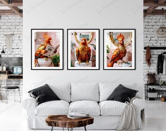 Triptyque Art mural drôle de salle de bain, lot de 3, impressions surréalisme Phoenix, humour espagnol, décoration affiche Phoenix, téléchargement numérique art mural toilettes