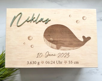 Boîte à souvenirs pour bébé baleine en bois, boîte en bois personnalisée pour le bébé gravée avec nom et dates en acrylique