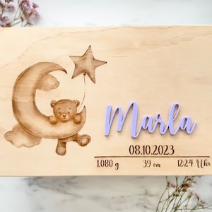 Caja de recuerdos de madera personalizada con motivo de osito de peluche: caja de madera para el bebé con nombre y fecha de nacimiento grabados en acrílico 3D
