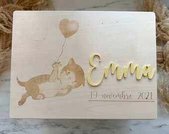 Boîte à souvenirs en bois pour bébé chat, boîte en bois personnalisée pour bébé gravée avec nom et dates en acrylique