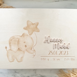 Caja de Memoria de Madera con Elefante Bebé Caja de Madera Personalizada para Bebé Grabada con Nombre y Fechas en Acrílico