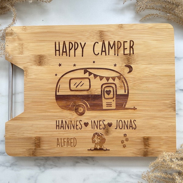 Planche à découper camping-car avec gravure personnalisée pour la famille des campeurs, vanlife, caravane, we love camping, pour les globe-trotters