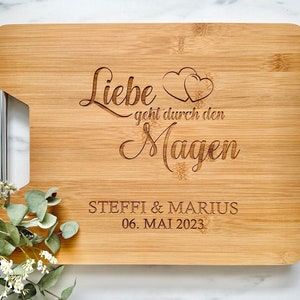 Cutting board personalized as a wedding gift or couple's gift in different versions