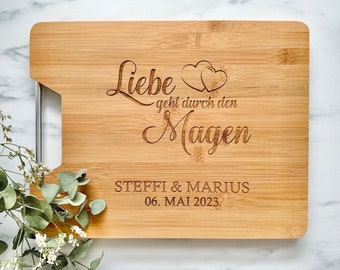 Cutting board personalized as a wedding gift or couple's gift in different versions